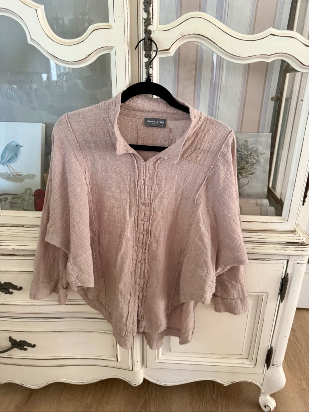 Sweet Lovely by Jen Pink Crinkle Gauze Button Down Top